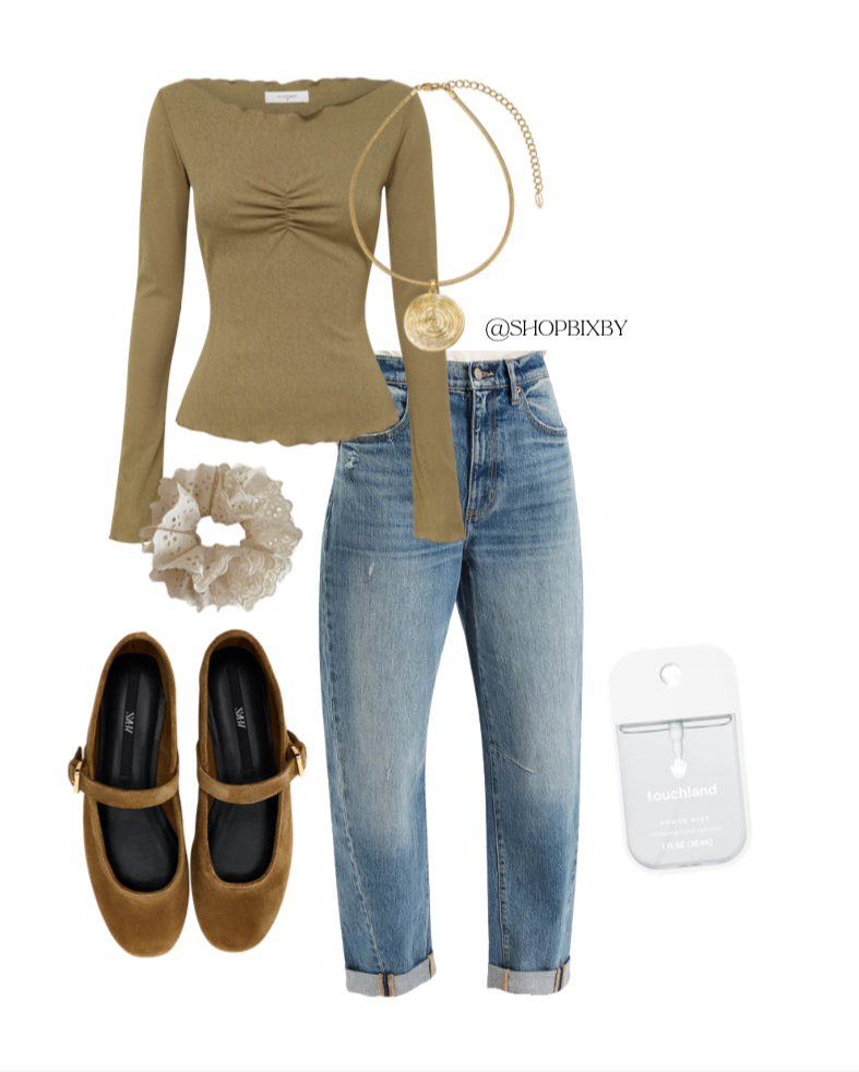 Fashion outfit with green top, blue jeans, brown shoes, scrunchie, and white bag on a white background with 'Saturday @ Wickhams' text.